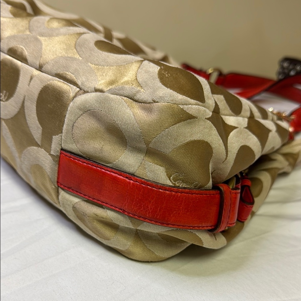 Coach Tan and Orange Signature Monogram Bag featuring Carriage logo on front. - Picture 5 of 16
